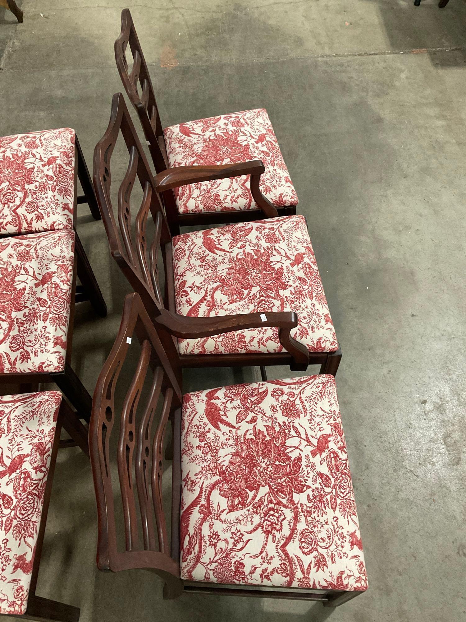 6 pcs Antique Cherry Ladder Back Dining Chairs w/ Red Paisley Upholstery. See pics.