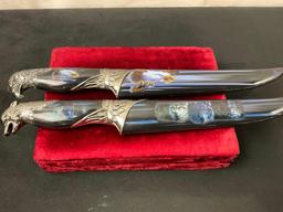 Pair of Patriotic Daggers w/ Cases with Wolf & Eagle Motifs, 7.5 inch Fixed blades, White & Black