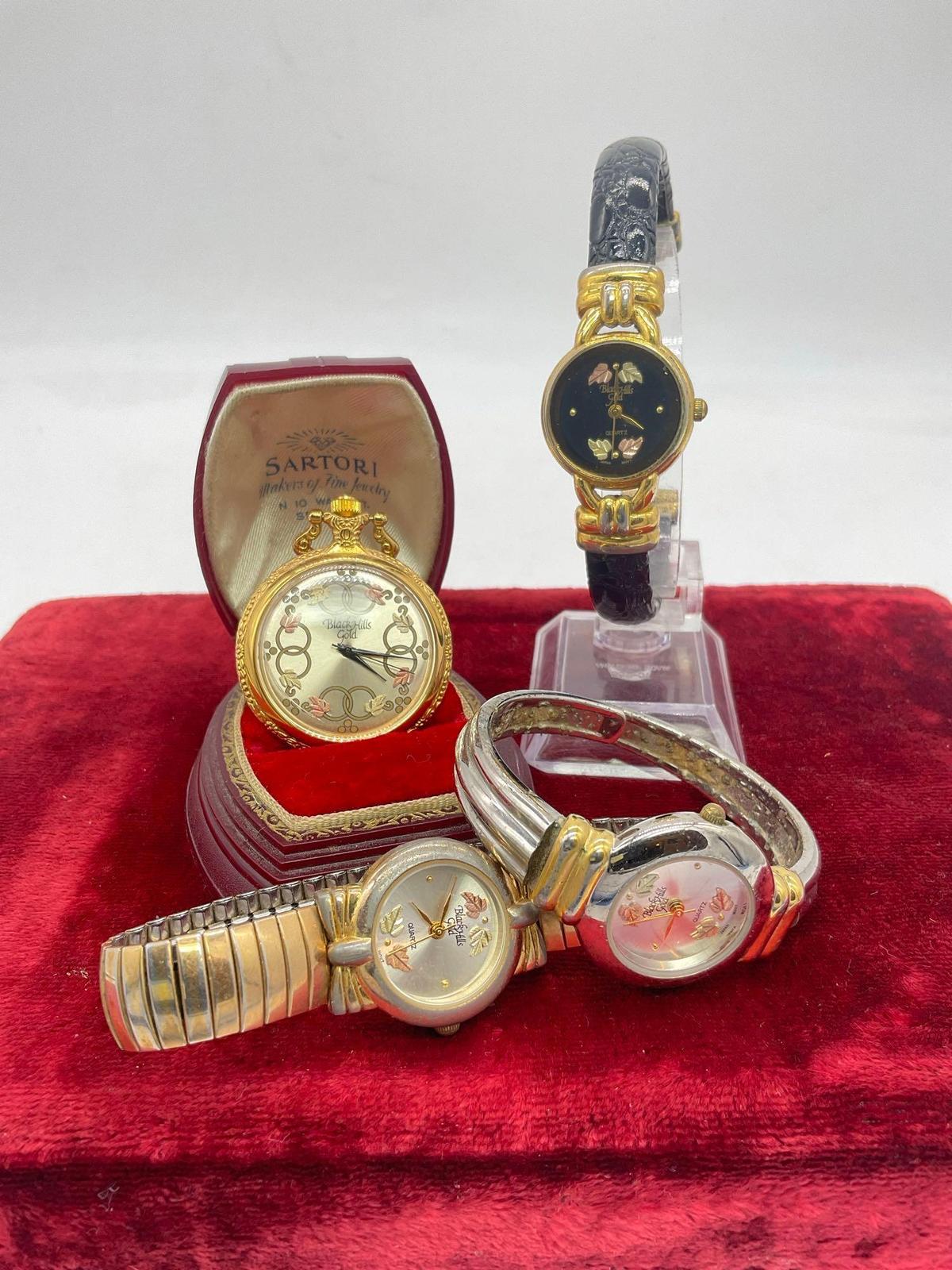 4x Black Hills Gold 12k gold leaf face watches incl. pocket watch (no back) - need batteries as is