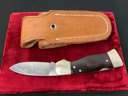 Vintage Western Folding Pocket Knife, S-532, Engraved blade w/ Puma scene, metal and wooden handle