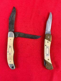 2 pcs Vintage Schrade Scrimshaw Folding Blade Pocket Knives Models SC507 & SC508. See pics.