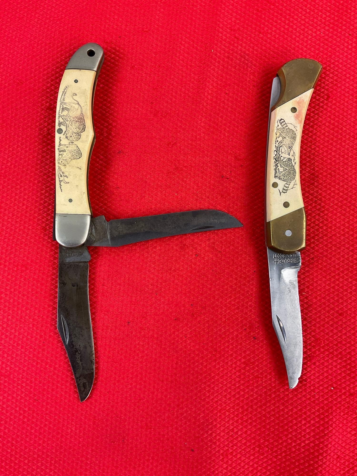 2 pcs Vintage Schrade Scrimshaw Folding Blade Pocket Knives Models SC507 & SC508. See pics.