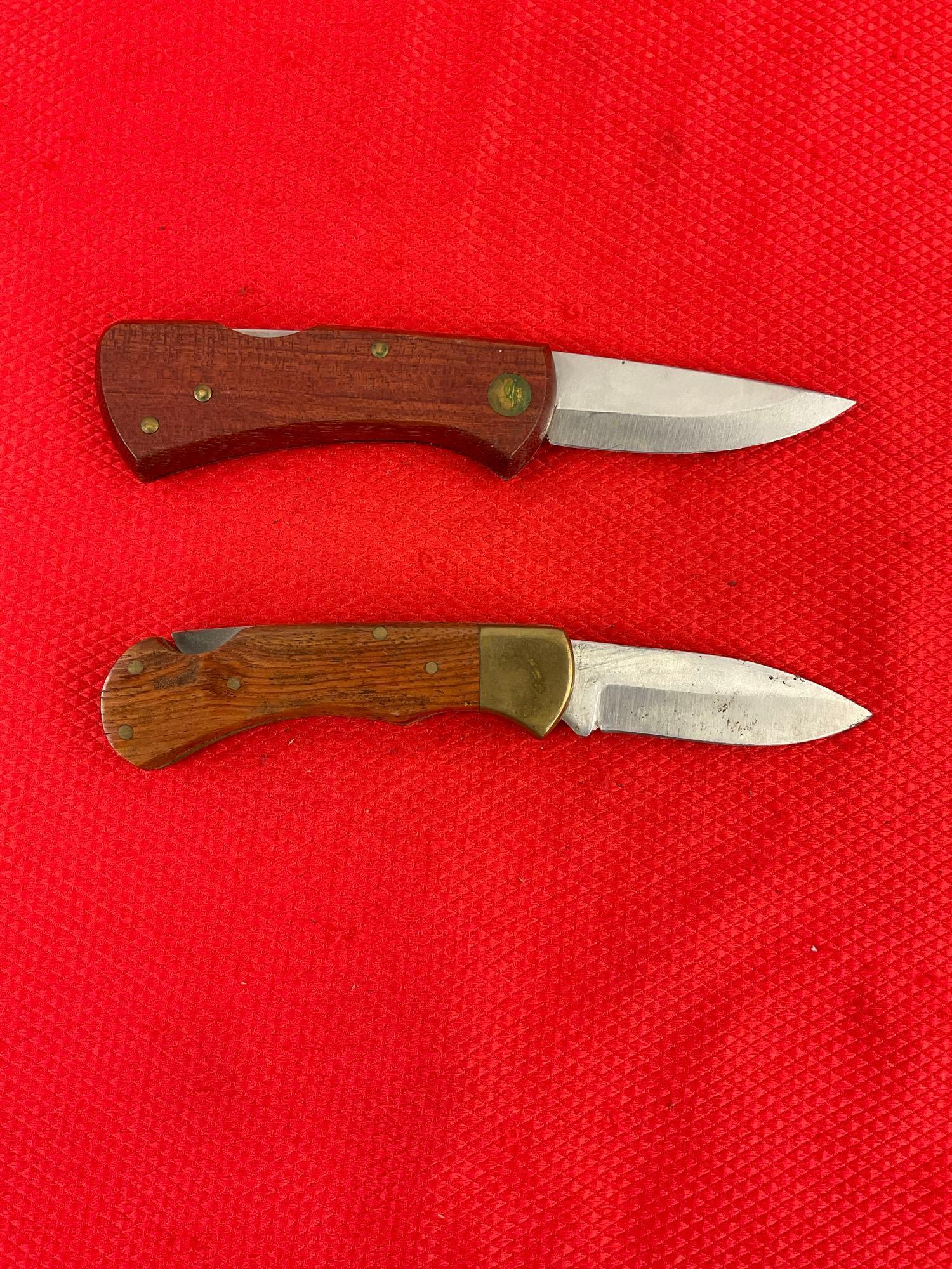 2 pcs Steel Folding Blade Pocket Knives w/ Wood Handles & Sheathes. Vintage Estwing EKA. See pics.