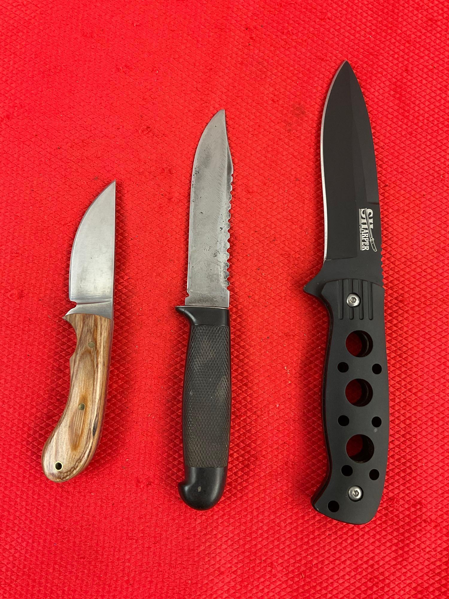 3 pcs Steel Fixed Blade Hunting Knives w/ Sheathes. 1x Sharper USA, 2x Unmarked. See pics.