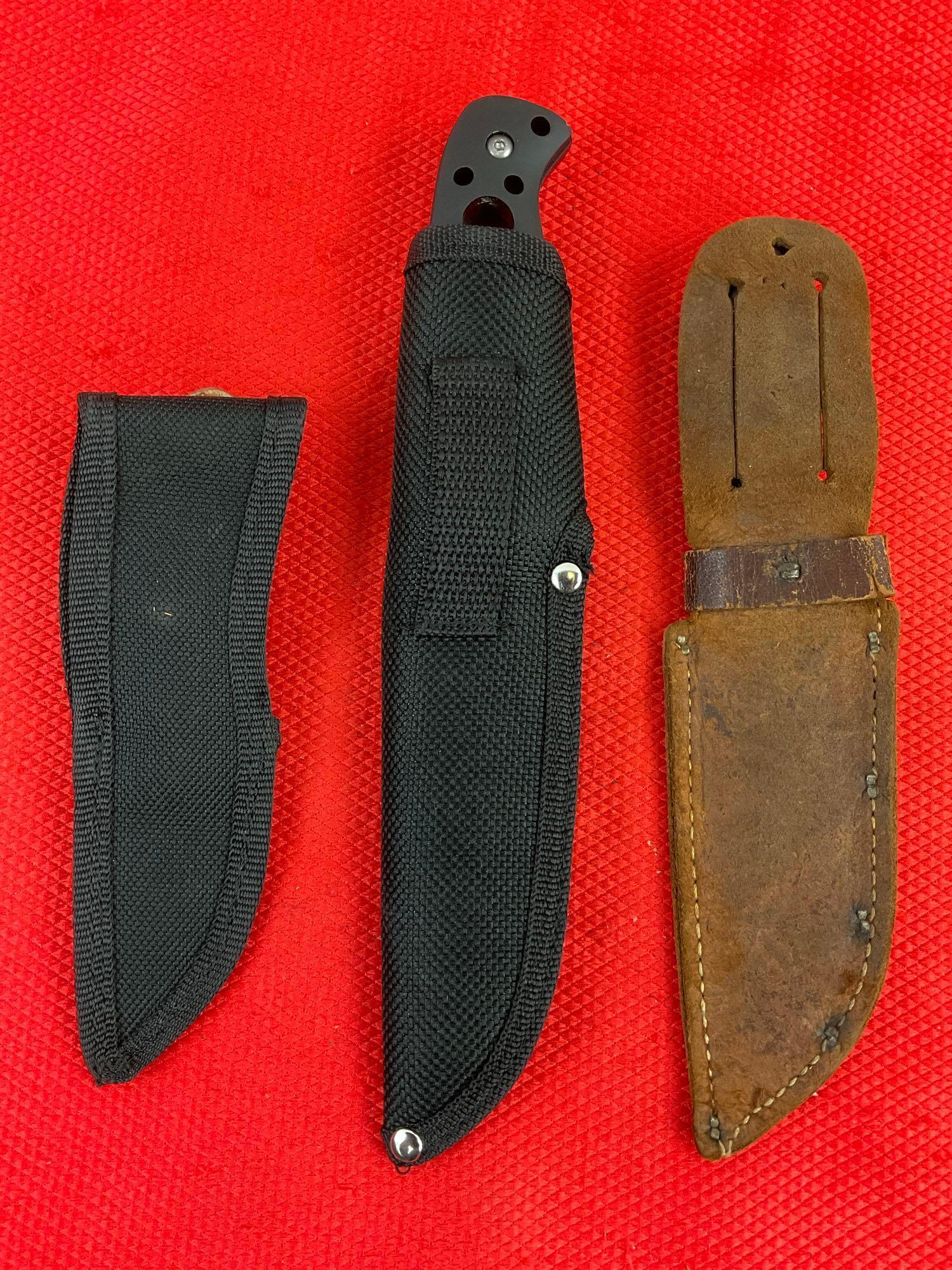 3 pcs Steel Fixed Blade Hunting Knives w/ Sheathes. 1x Sharper USA, 2x Unmarked. See pics.