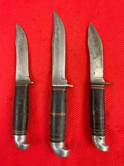 3 pcs Vintage Steel Fixed Blade Hunting Knives w/ Sheathes. 2x Western, 1x West-Cut. See pics.