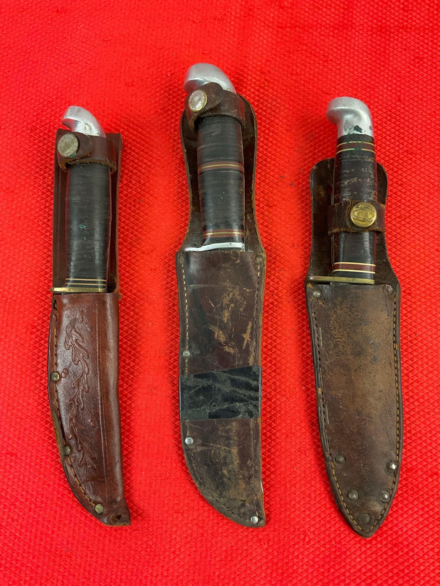 3 pcs Vintage Steel Fixed Blade Hunting Knives w/ Sheathes. 2x Western, 1x West-Cut. See pics.