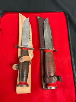 2x Vintage Craftsman USA Fixed Blade Knives in Leather Sheathes - Both Blades Are 5" Long - See p...