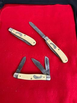 Trio of Frontier 3 Bladed Folding Pocket Knives w/ Enamel Handle - See pics