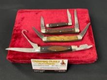 4x Vintage Remington Folding Knives, R-1 Upland Bird Knife, R4593 Muskrat, Single & Double Blade