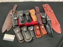 15 Leather Knife Cases and Sheaths from Various Brands, Buck, Remington, Schrade, Craftsman