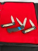 Sabre Flag Line Dual Bladed Knife & 2x Tomahawk Deer Motif folding pocket knives - See pics