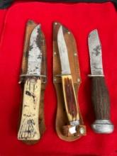 3x Vintage Fixed Blade Knives - 2 w/ Sheathes - Bone & Antler Handles - See pics