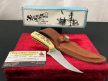 Vintage Schrade Scrimshaw Sharpfinger Fixed Blade Knife model 502SC, w/ Leather Sheath