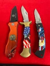 3x Patriotic Folding Blade Pocket Knives - Eagle Motif & Fire Fighter Knives - See pics