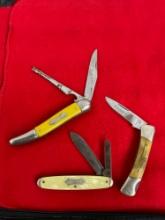 3pc Vintage Folding Pocket Knives incl. Squire V, Colonial Fish Knife, & Resin Dual Blade Kent Kn...
