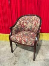 Vintage Wooden Tub Chair w/ Red Tulips & Cornucopias Floral Upholstery. Measures 24" x 34" See pi...