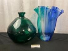 Large Handblown Recycled Round Vase Dark Green & Blue/Clear/Teal Large Vase w/ Frilled Edge