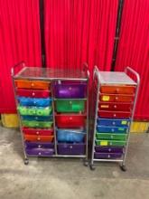 2x Multicolored Organizational Rolling Carts w/ Misc Arts & Crafts Materials - See pics