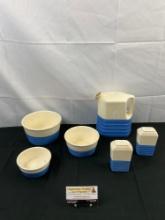 6 pcs Vintage Universal Potteries, Inc. Blue & Cream Ceramic Dishes. 3 Bowls, Pitcher, S&P Shakers.