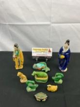 9 pcs Vintage Small Hand Painted Decorative Asian Ceramic Figurines. Geese, Koi Fish. See pics.