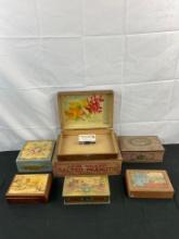 7 pcs Vintage Box Assortment. 2x Tin Chocolate Boxes, 5x Decorative Wooden Boxes. See pics.