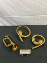3 pcs Vintage Brass Horns, 1 Stamped Crown Special Made in Pakistan. See pics.