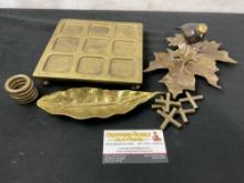 Brass Tic Toc Toe Board, Tobacco Leaf Ashtray, Vintage Nelles 1984 Bronze Leaf Statue