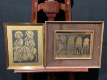 Pair of Framed Art, Gold/Black Stained Glass & Antique Steel Engraving Coleccion Familia Aranda