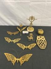 9 pcs Vintage Brass & Stone Decorative Assortment. Brass Apple Bell. Owl Trivet. 4 Butterflies. See