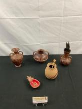 5 pcs Vintage Brown Pottery Assortment. Treasure Craft of Hawaii Dish No. 40. Signed Vase. See pi...