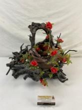 Vintage Primitive Gnarled Wooden Basket & Holder Made From Tree Roots w/ Plastic Roses. See pics.