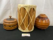 Handmade Real Leather Headed Drum, Pair of Turned Wooden Jars w/ Lids