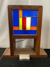 Vintage Stained Glass Lamp, Wooden Frame, Blue/Orange/Yellow/Red Glass. 17.5 inches tall