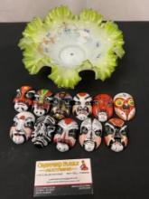 Vintage/Antique French Frilled Bowl & 11 Chinese Porcelain Painted Opera Faces
