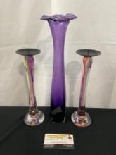 Trio of Art Glass Pieces, Purple Thin Vase & Pair of Krystyna Glass Candlesticks