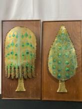 Pair of 1960s C. Jere Signed Abstract Brass Sculptures, Enameled Trees on Wooden Plaques
