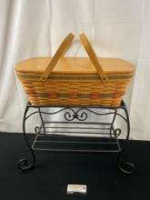 Signed 1996 Longaberger Picnic Basket w/ Lid and Wrought Iron Side Table