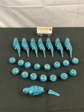 23 pcs Vintage Turquoise Blue Hand Painted Ceramic Beads. 8 Parrots, 1 Broken, 15 Barrels. See pi...