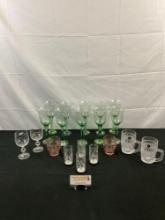 20 pcs Vintage Glassware. 10x Hachar Industries Green Wine Glasses. 2x Bohemia Crystal. See pics.