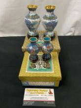 4x Chinese Cloisonne Vases, pair of larger White & Blue Enameled Brass w/ Wooden Stands