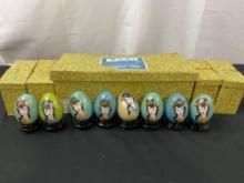 8x Chinese Cloisonne Eggs, w/ Geisha Designs, Light Blue, Darker Blue, Green and White Enamel
