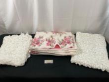 Trio of Tablecloths, Pair of Hand Crocheted White Lace & Pink/White Quilted piece w/ floral motif