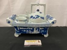 Vintage Japanese Porcelain Tea Set for Two, White w/ Blue Glazed Motif