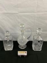 3 pcs Vintage Crystal Decanters w/ Stoppers Assortment. 1x French Cristal d'Arques Bottle. See pi...