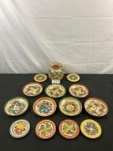 14 pcs Vintage Mexican Hand Painted Terra Cotta Dishes Assortment. Saucers, Pitcher, Plates. See