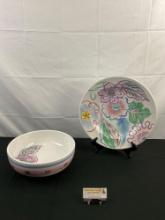 2 pcs Vintage Fortebraccio Ceramiche Hand Painted Italian Ceramic Dishes w/ Colorful Flowers. See