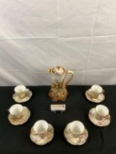 13 pcs Antique Haviland French Hand Painted Hot Chocolate China Set. 6 Cups, 6 Saucers, Lidded Pot.