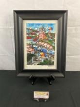 Framed Original Watercolor Painting "The Bus & The Artist" by Xamie Ximiez, Mouth Painter, Signed.