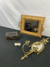 3 pcs Vintage Gold Colored Decorative Assortment. 1 Oval Wall Mirror in Brass Frame w/ 2 Sconces.